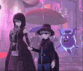 a couple of anime characters holding hands with a sign that says bar in the background