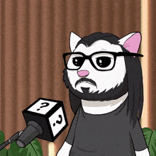 a cartoon cat wearing glasses and a beard holds a microphone with a question mark on it