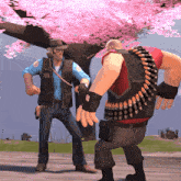 a man with a bullet belt on his back is standing next to another man
