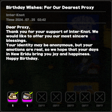 a birthday wishes for our dearest proxy is displayed on a screen