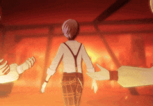 a cartoon character with suspenders and plaid pants is being held by two hands