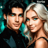 a man and a woman are posing for a picture with nuriss written on the bottom