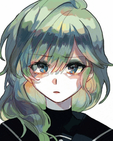 a drawing of a girl with long green hair