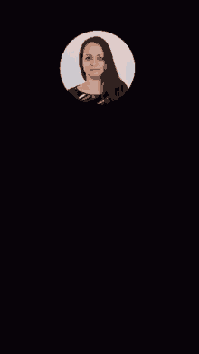 a woman 's face is visible in a circle on a black background