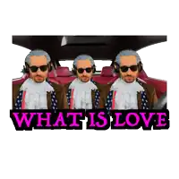 three men in a car with the words " what is love " on the bottom