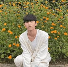a young man in a white sweater is kneeling in front of a bush of yellow flowers .