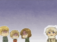 a group of cartoon characters are standing next to each other with one of them covering his face