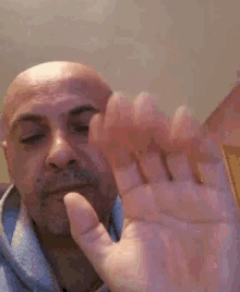 a bald man with a beard is pointing at something