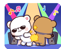 two teddy bears are dancing in front of speakers with music notes in the background