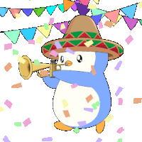 a cartoon penguin wearing a sombrero is blowing a trumpet