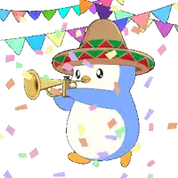 a cartoon penguin wearing a sombrero is blowing a trumpet