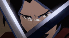 a close up of a woman holding a sword with the name lady shiva above her
