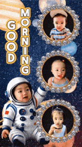 a baby in an astronaut costume is surrounded by planets and the words morning good