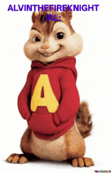 a chipmunk wearing a red hoodie with the letter a on the front
