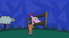 a cartoon character with a surprised look on his face standing next to a llama