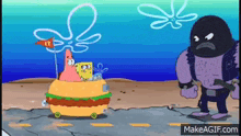 a cartoon of spongebob and patrick driving a hamburger car