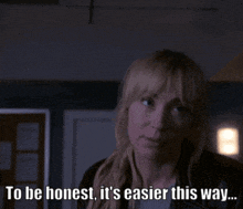 a woman in a black leather jacket says to be honest it 's easier this way