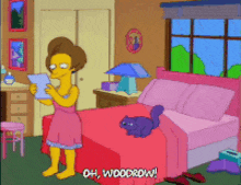 a cartoon of a woman standing next to a bed with the words oh woodrow written on it