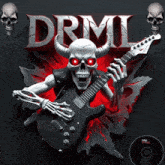 a skull with horns is holding a guitar in front of a sign that says drmi
