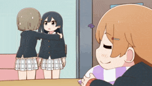 a cartoon of a girl hugging another girl with a butterfly on her head