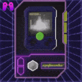 a video game with a purple background and a yellow button that says a on it