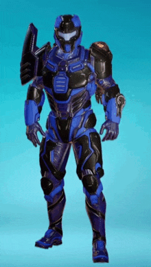 a blue and black armored soldier with a shield