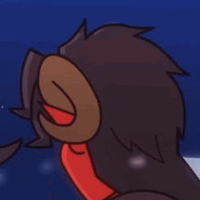 a cartoon illustration of a red demon with horns and a purple eye .