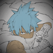 a drawing of a boy with blue hair and bandaged hands