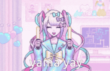 a pixel art of a girl holding a microphone with the words yama yay written on the bottom
