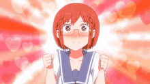 a girl with red hair and glasses stands in front of hearts