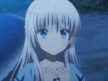 a girl with white hair and blue eyes is wearing a blue dress