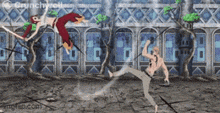 a cartoon of a man kicking another man in the face in a video game .
