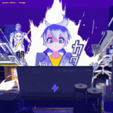 a cartoon of a girl looking at a laptop with the words effect credit written below her