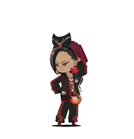 a cartoon character is wearing a black and red outfit with a pumpkin on his shoulder
