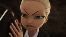 a cartoon character with blonde hair and blue eyes is holding a book
