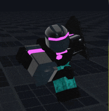 a cartoon character with a helmet and a pink ribbon around his neck