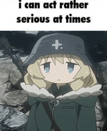 a picture of a girl with a helmet with a cross on it and the words " i can act rather serious at times "