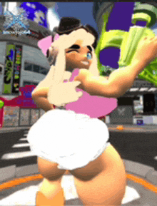 a cartoon character in a diaper is standing on a street