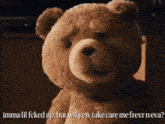 a teddy bear with the words " imma lil fcked up but wil yew take care me frevr neva "