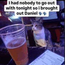 a cat sitting next to a glass of beer with a caption that says i had nobody to go out with