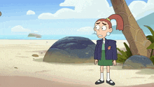 a cartoon girl with a ponytail is standing on the beach