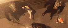 a group of people wearing masks are standing around a cat on the floor