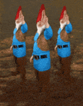 three gnomes wearing blue shirts and red hats are dancing in a line