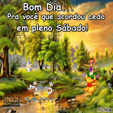 a cartoon scene with the words bom dia pra você que acordou cedo em pleno sabado on it