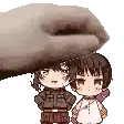 two anime characters are standing next to each other and a hand is putting a hat on their head .
