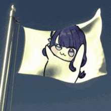 a white flag with a picture of a girl with purple hair