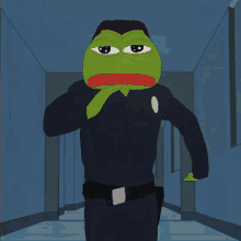 a cartoon of a frog wearing a police uniform with a badge on his chest