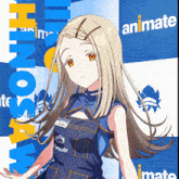 a girl with long blonde hair is wearing a blue apron and standing in front of a sign that says animate