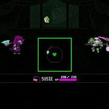 a pixel art screenshot of a video game where susie is fighting a monster .