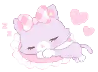 a pixel art of a purple cat with a pink bow sleeping on a pillow surrounded by pink hearts .